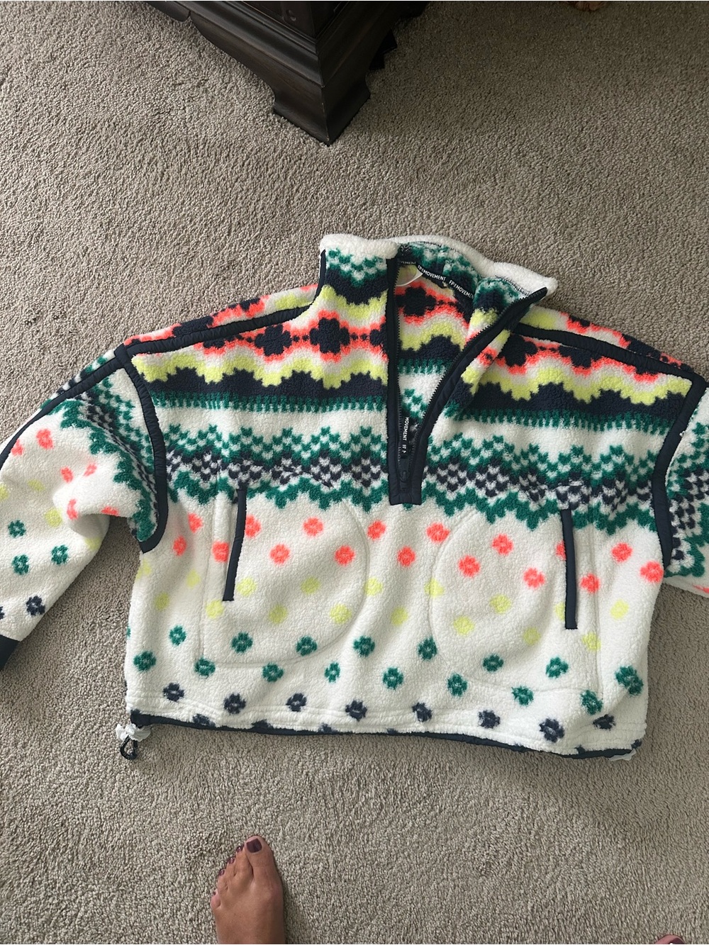 Free People Cream Fleece Pullover with Green and Neon Accents